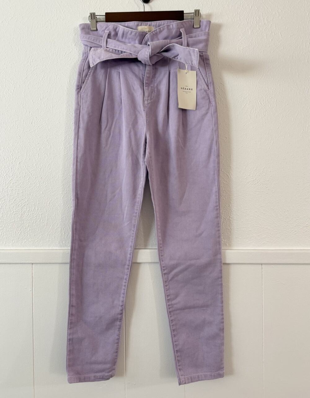 Sézane Paperbag Waist Belted Organic Cotton Tapered Pants Lilac FR34 US2 NWT